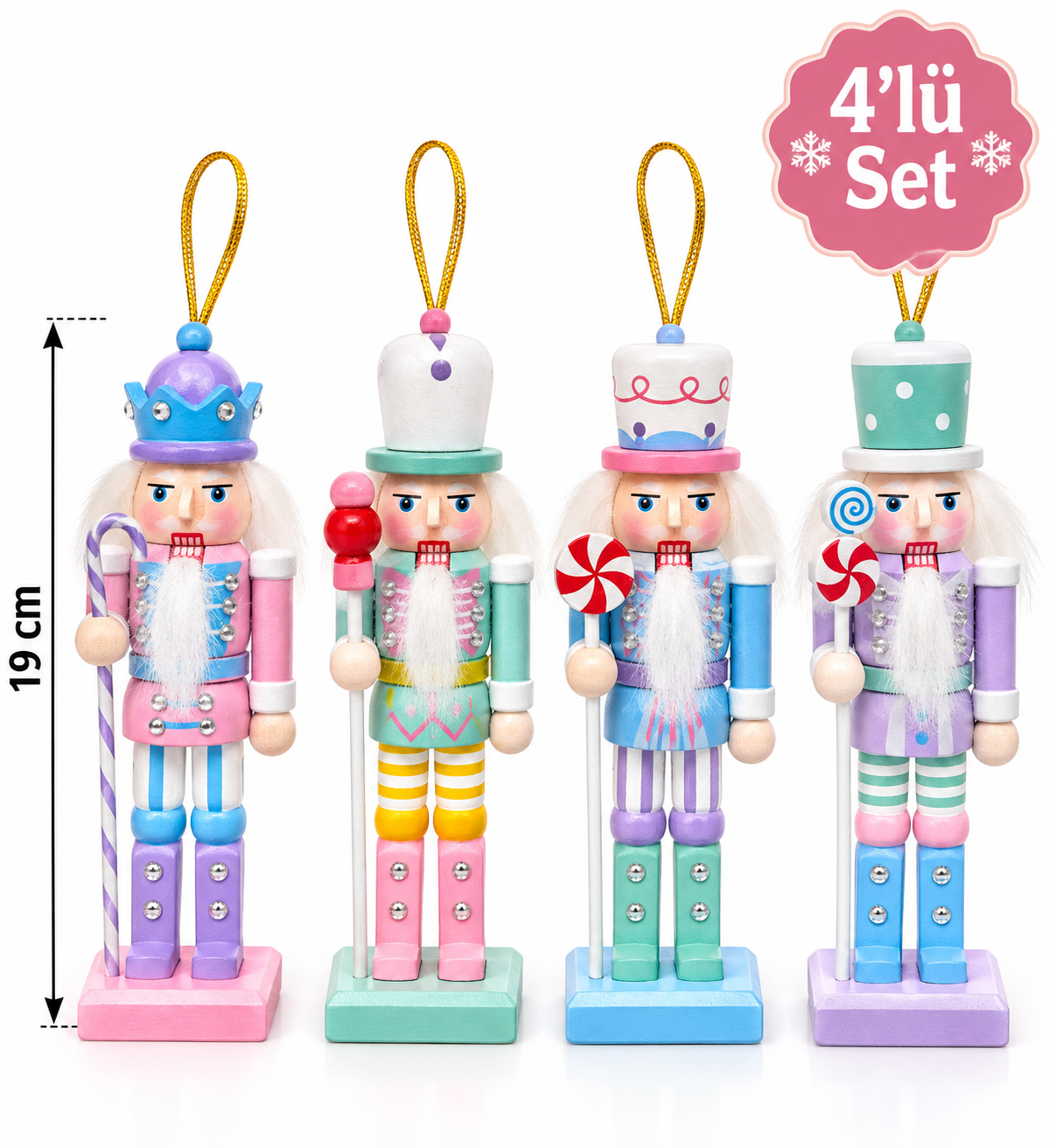 Parti Malzemeleri 4’lü Makaron Renk Kurşun Asker 19 cm Ahşap Fındıkkıran Yılbaşı Ağaç Süsü Dekoratif Figür Seti