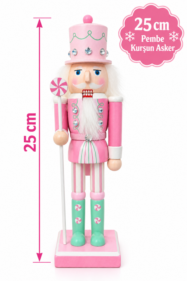 Parti Malzemeleri 25 cm Makaron Renk Kurşun Asker Fındıkkıran Yılbaşı Dekoru Ahşap Dekoratif Figür Pembe