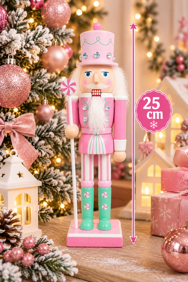 Parti Malzemeleri 25 cm Makaron Renk Kurşun Asker Fındıkkıran Yılbaşı Dekoru Ahşap Dekoratif Figür Pembe