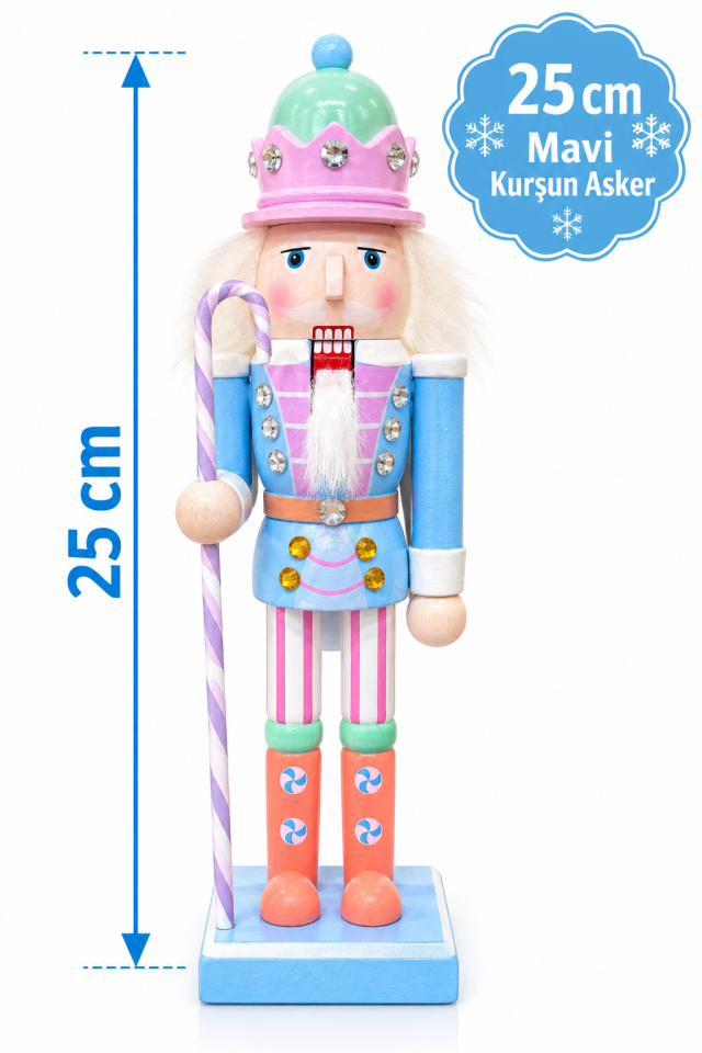 Parti Malzemeleri 25 cm Makaron Renk Kurşun Asker Fındıkkıran Yılbaşı Dekoru Ahşap Dekoratif Figür Mavi