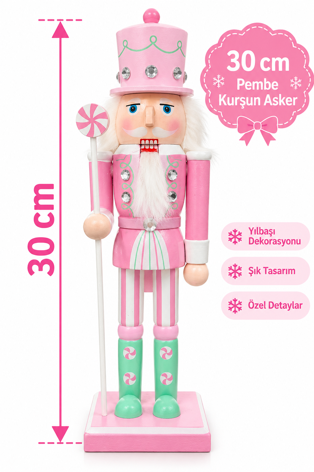 Parti Malzemeleri  30 cm Makaron Kurşun Asker Fındıkkıran Yılbaşı Dekoru Ahşap Şeker Temalı Dekoratif Figür