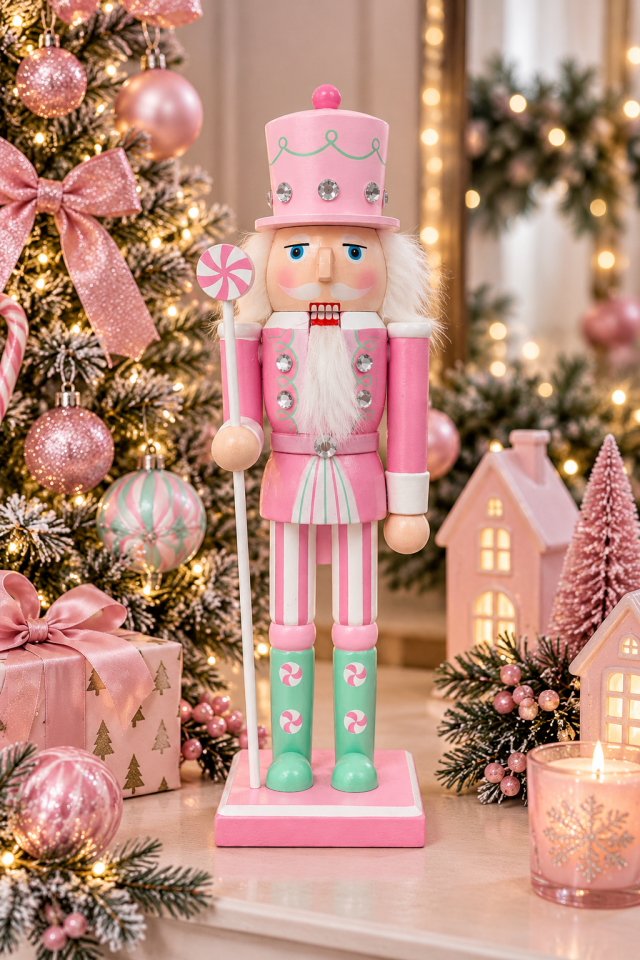 Parti Malzemeleri  30 cm Makaron Kurşun Asker Fındıkkıran Yılbaşı Dekoru Ahşap Şeker Temalı Dekoratif Figür Pembe