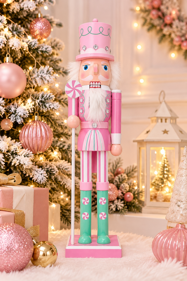 Parti Malzemeleri 40 cm Fındıkkıran Asker Yılbaşı Dekoru – Şeker Bastonlu Ahşap Noel Süsü Pembe