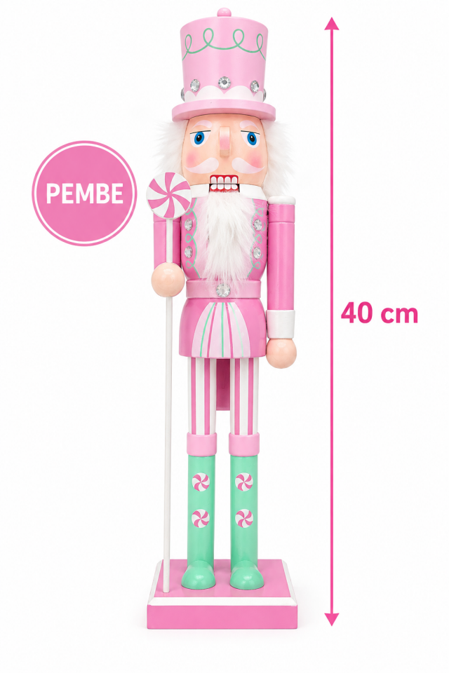 Parti Malzemeleri 40 cm Fındıkkıran Asker Yılbaşı Dekoru – Şeker Bastonlu Ahşap Noel Süsü Pembe