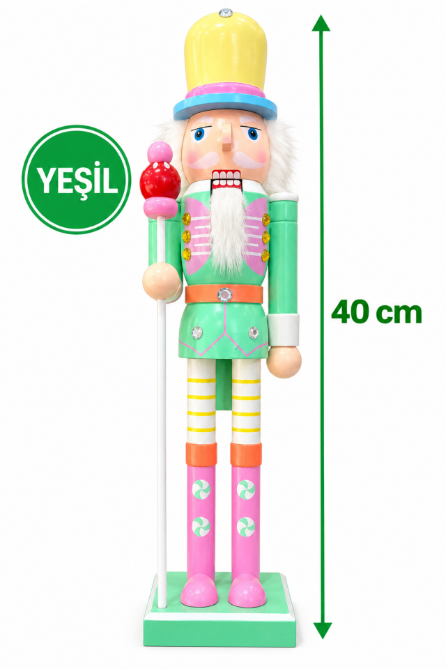 Parti Malzemeleri 40 cm Fındıkkıran Asker Yılbaşı Dekoru – Şeker Bastonlu Ahşap Noel Süsü Yeşil