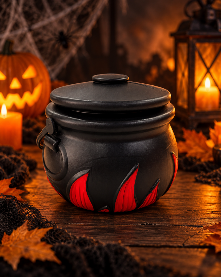 Parti Malzemeleri Halloween Cadı Kazanı Kapaklı Siyah Kırmızı Alev Desenli Dekoratif Şekerlik ve Parti Aksesuarı