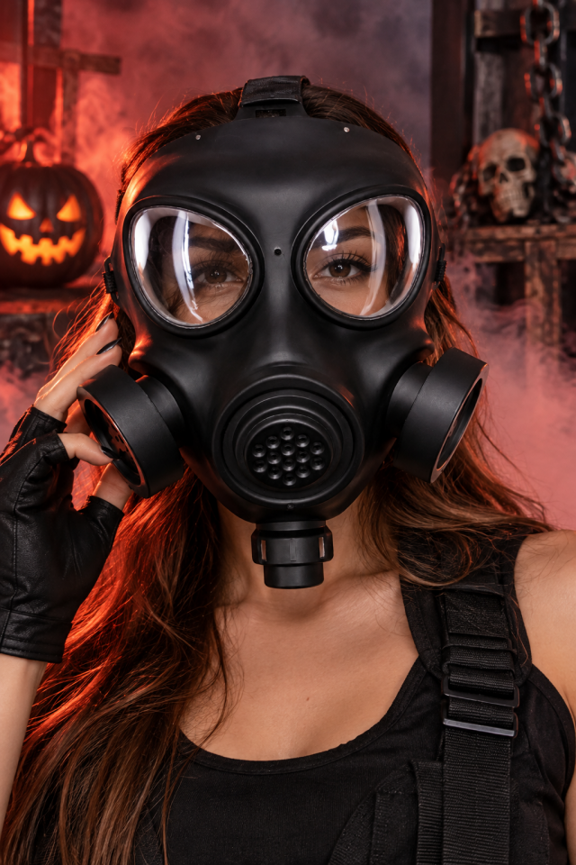 Parti Malzemesi Halloween Siyah Gaz Maskesi Görünümlü Kostüm Maskesi – Şeffaf Gözlü Parti ve Cosplay Aksesuarı