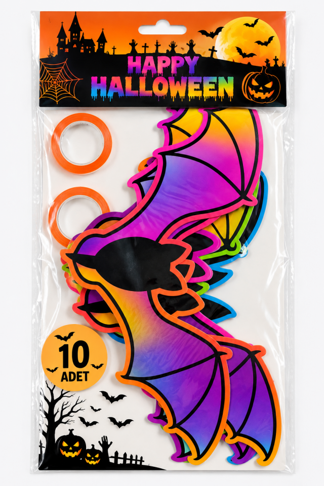 Parti Malzemeleri 10’lu Renkli Yarasa Halloween Kâğıt Süs Seti – İpli Asma Parti Dekoru