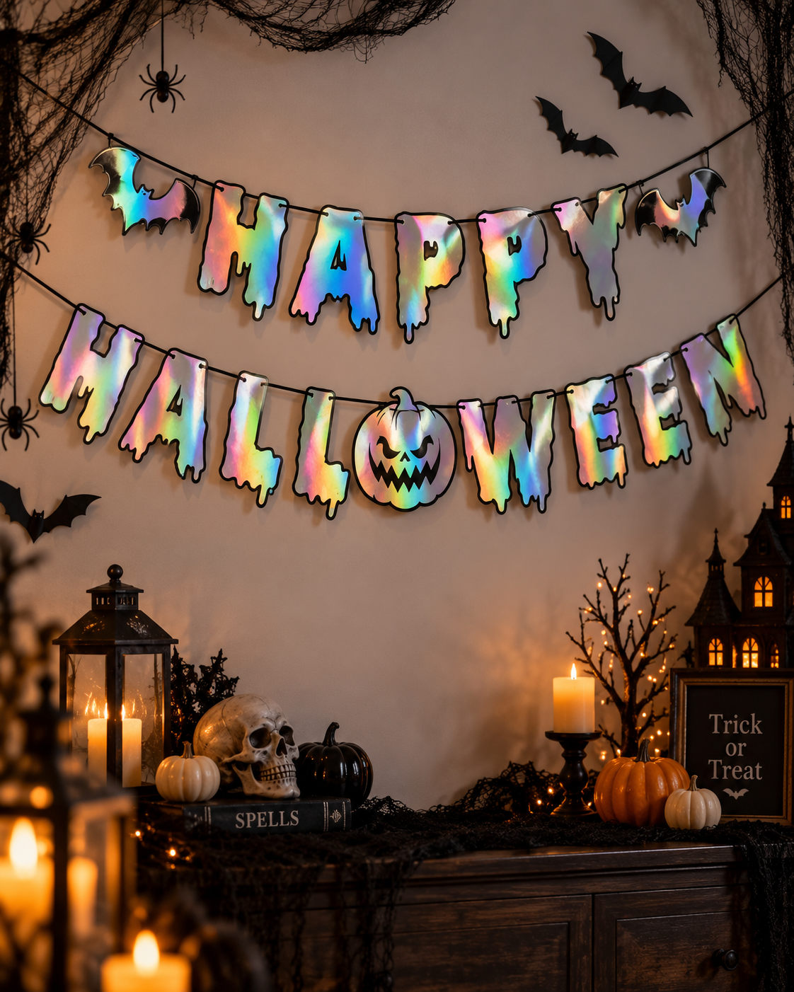 Parti Malzemesi Holografik Happy Halloween Yazı Süsü – Balkabağı Figürlü İpli Asma Parti Dekoru