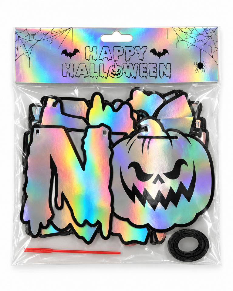 Parti Malzemesi Holografik Happy Halloween Yazı Süsü – Balkabağı Figürlü İpli Asma Parti Dekoru
