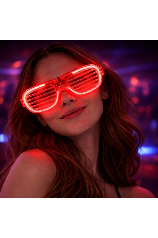 LED Işıklı Lüks Parti Panjur Gözlük– Neon Çerçeve Işıklı Eğlence Gözlüğü (Üstten Düğmeli) Kırmızı