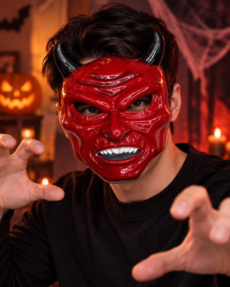 Parti Malzemeleri Kırmızı Boynuzlu Şeytan Maskesi Halloween Kostüm Maskesi – Lastikli Parti Aksesuarı