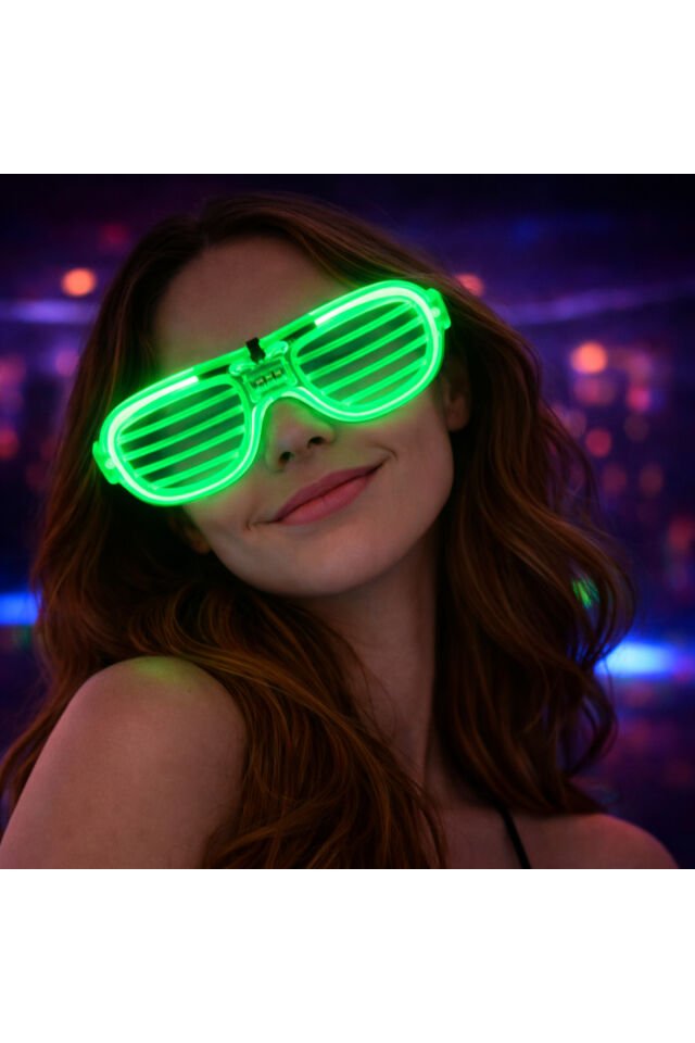 LED Işıklı Lüks Parti Panjur Gözlük– Neon Çerçeve Işıklı Eğlence Gözlüğü (Üstten Düğmeli) Yeşil