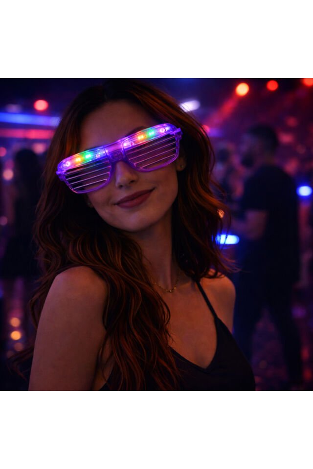 LED Işıklı Parti Panjur Gözlük – Renkli Neon Işıklı Eğlence Gözlüğü Mor