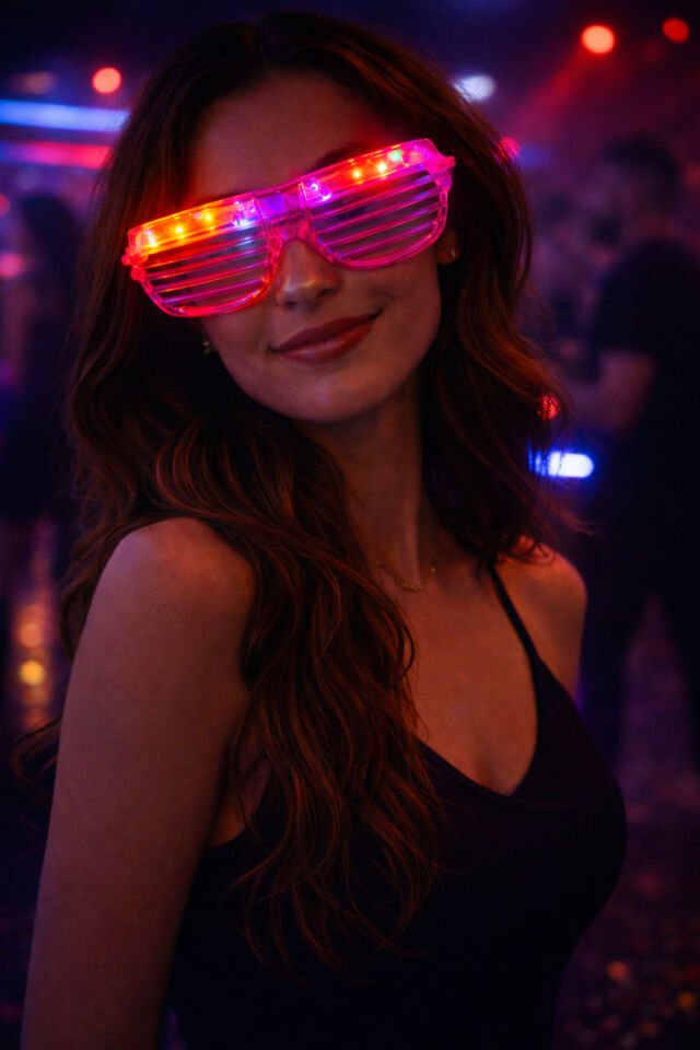 LED Işıklı Parti Panjur Gözlük – Renkli Neon Işıklı Eğlence Gözlüğü Pembe