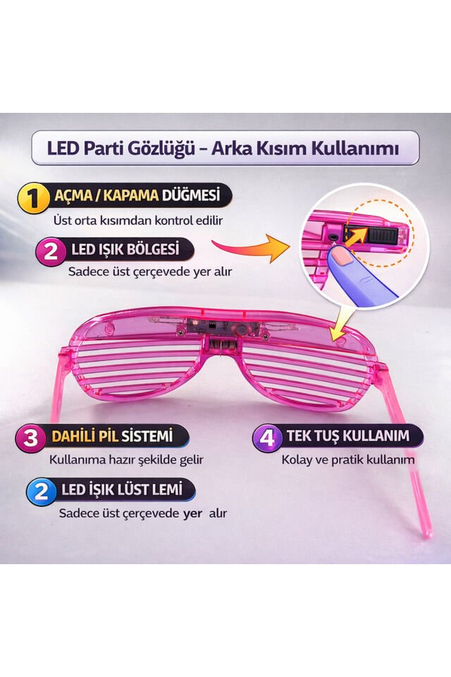 LED Işıklı Parti Panjur Gözlük – Renkli Neon Işıklı Eğlence Gözlüğü Pembe