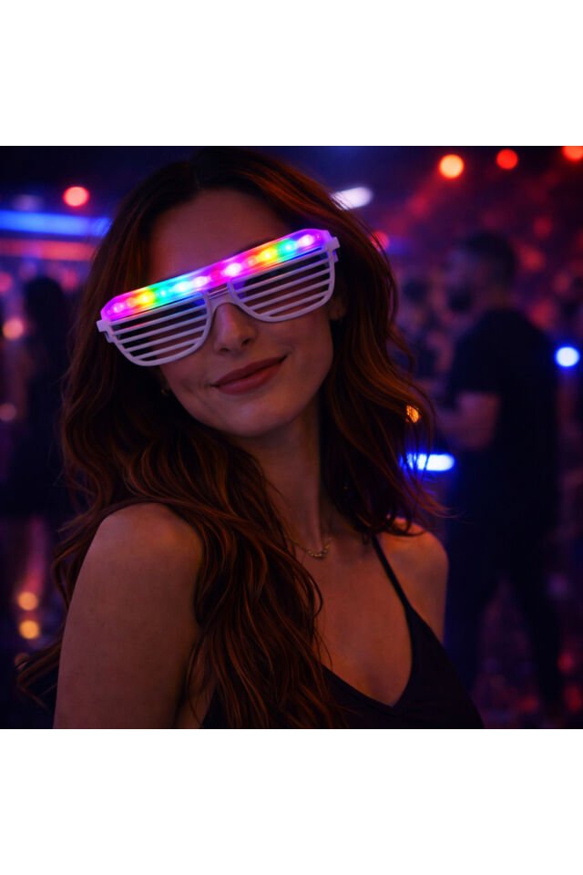 LED Işıklı Parti Panjur Gözlük – Renkli Neon Işıklı Eğlence Gözlüğü Beyaz
