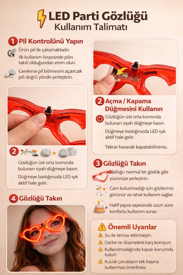LED Işıklı Kalp Şekilli Parti Gözlük – Şeffaf Çerçeve, Işıklı, Parti ve Organizasyon Gözlüğü Kırmızı