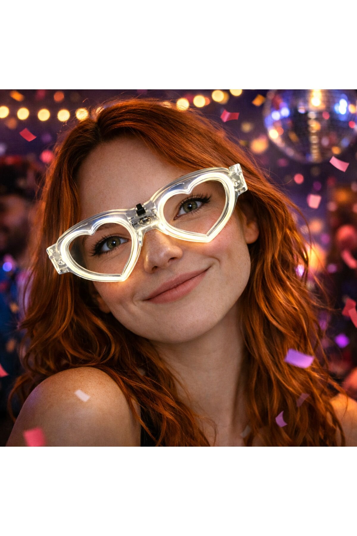 LED Işıklı Kalp Şekilli Parti Gözlük – Şeffaf Çerçeve, Işıklı, Parti ve Organizasyon Gözlüğü Beyaz