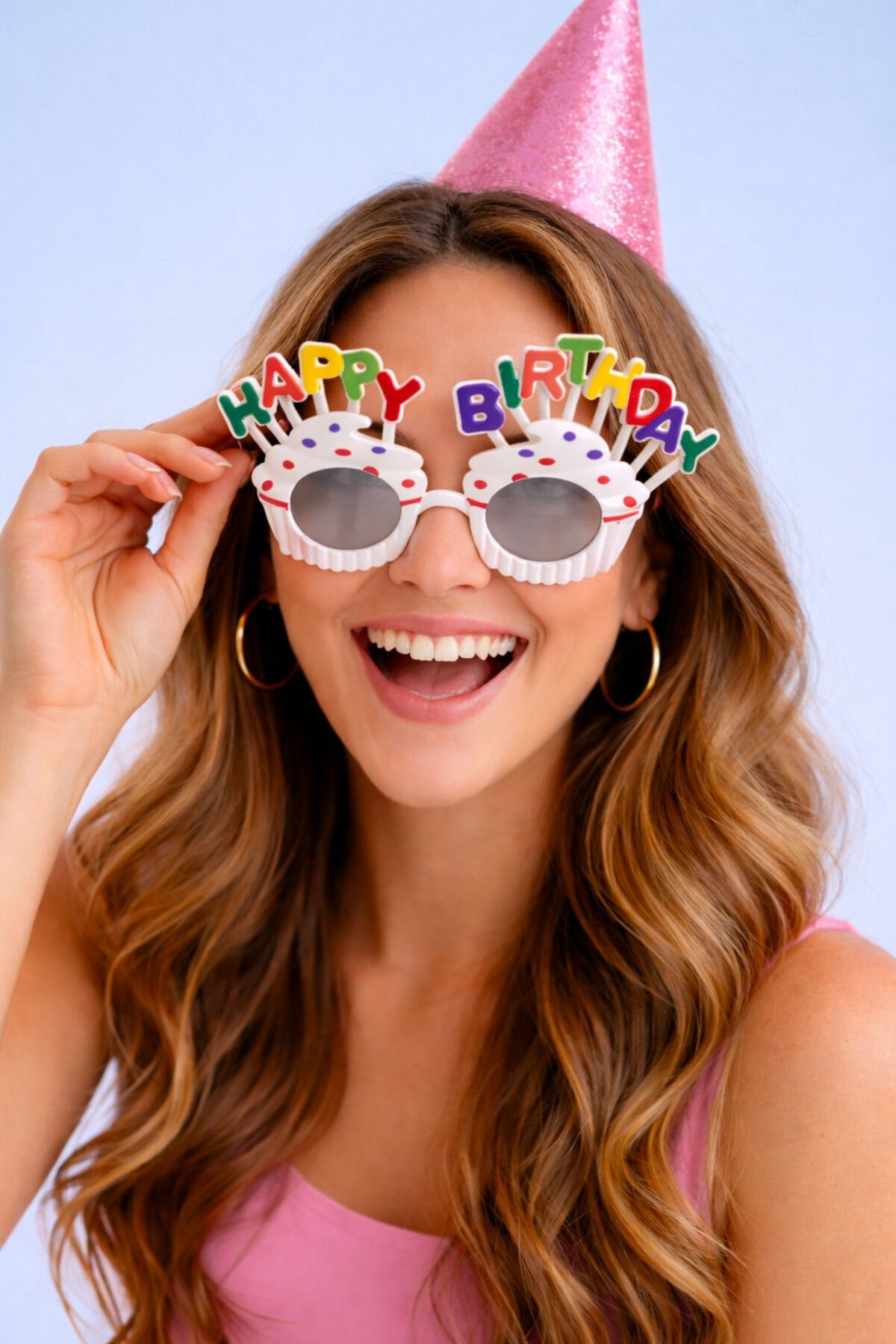 Happy Birthday Cupcake Parti Gözlüğü Gri Şeffaf Camlı Doğum Günü Fotoğraf Aksesuarı Beyaz