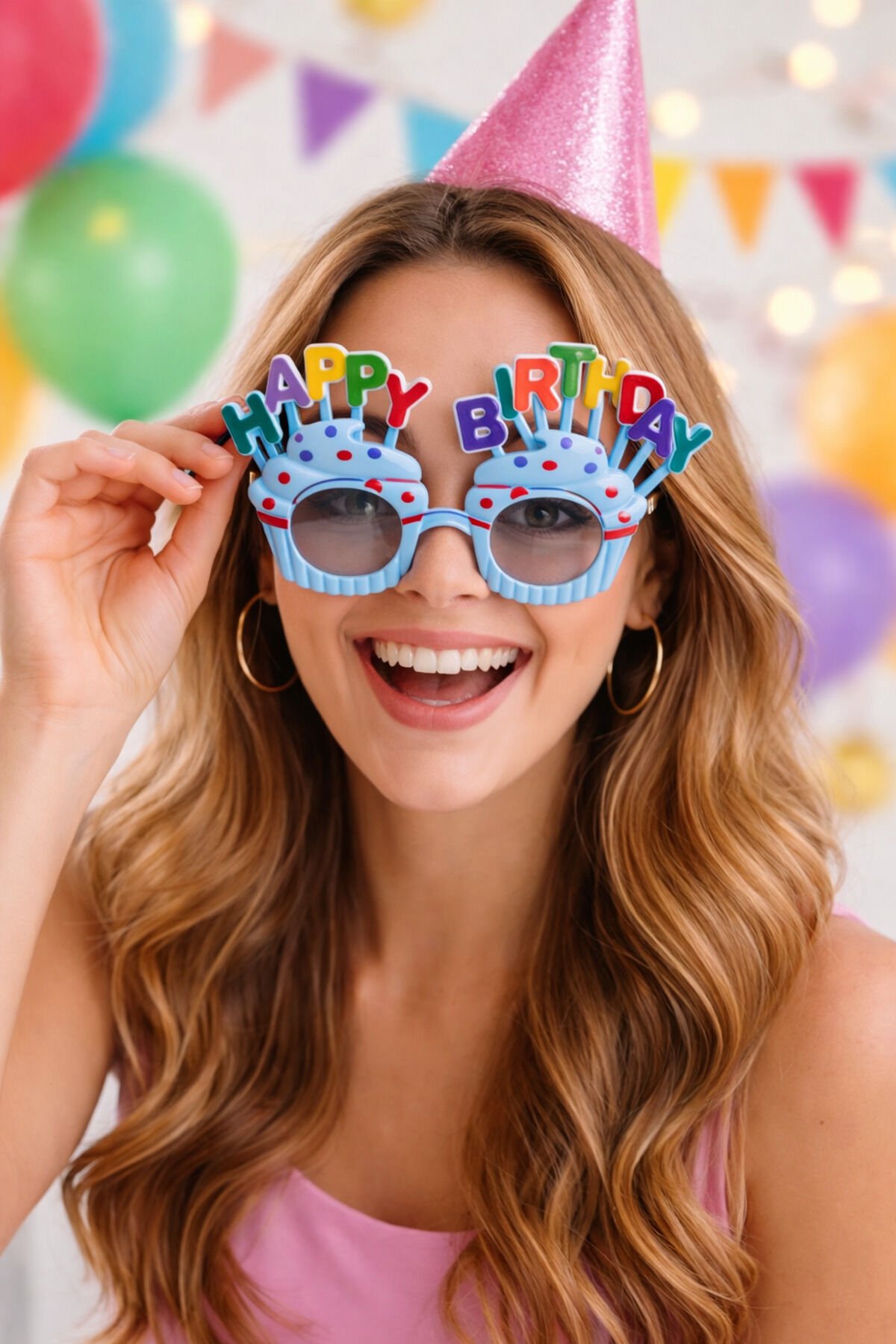 Happy Birthday Cupcake Parti Gözlüğü Gri Şeffaf Camlı Doğum Günü Fotoğraf Aksesuarı Mavi