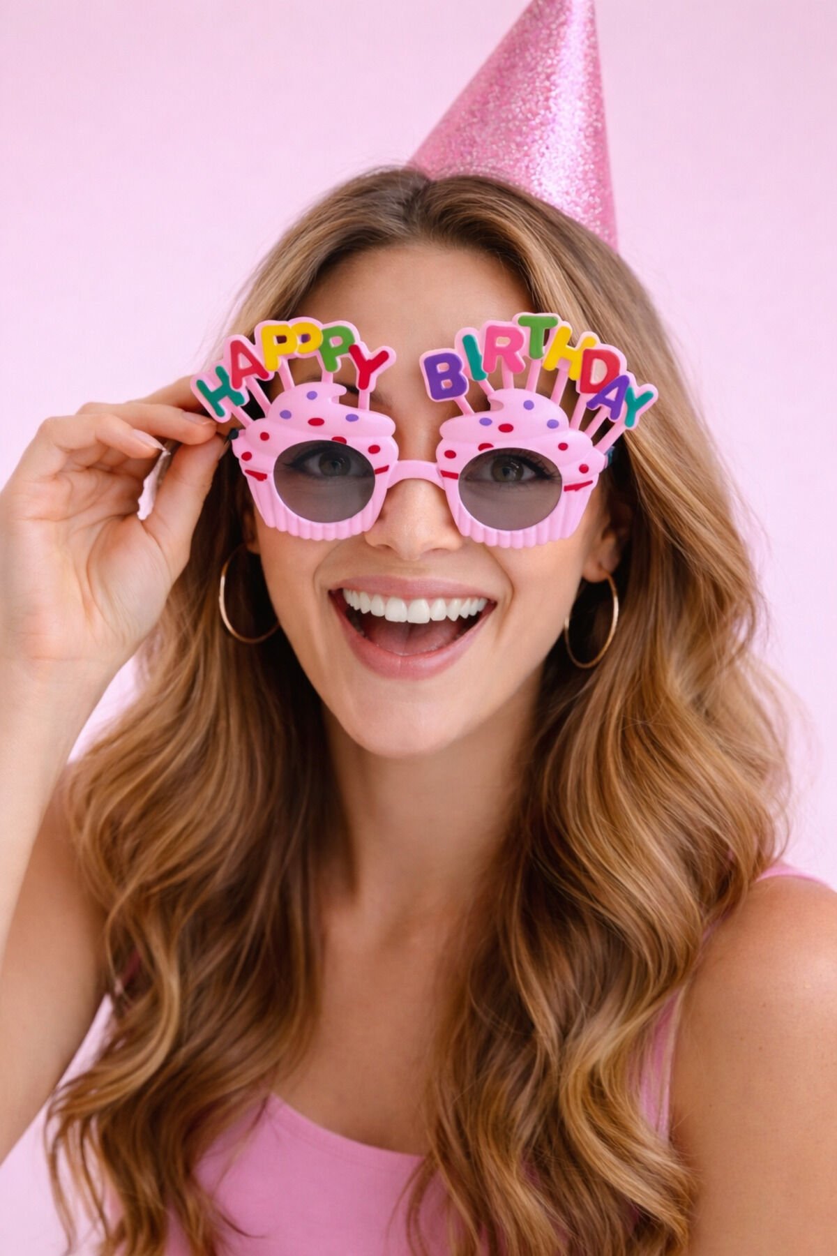 Happy Birthday Cupcake Parti Gözlüğü Gri Şeffaf Camlı Doğum Günü Fotoğraf Aksesuarı Pembe