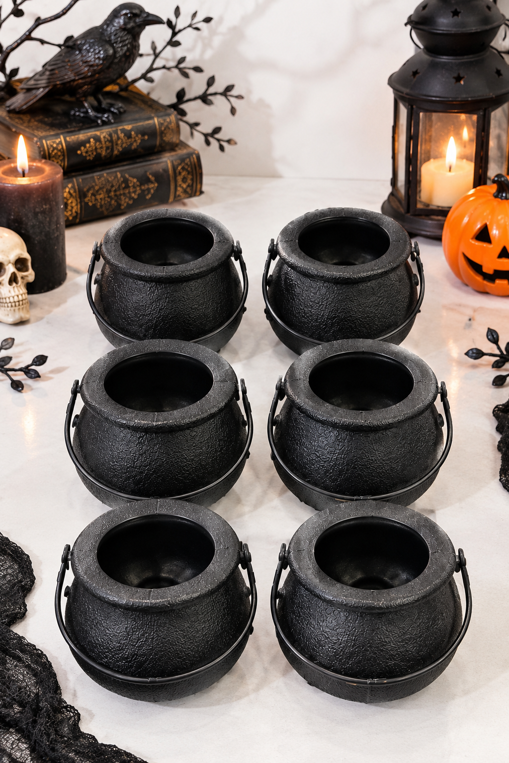 Parti Malzemesi Halloween Siyah Cadı Kazanı 6’lı Şeker Kovası Saplı Parti Dekoru ve Şekerlik