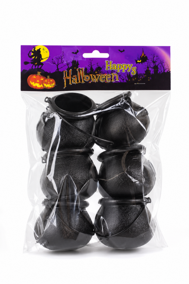 Parti Malzemesi Halloween Siyah Cadı Kazanı 6’lı Şeker Kovası Saplı Parti Dekoru ve Şekerlik