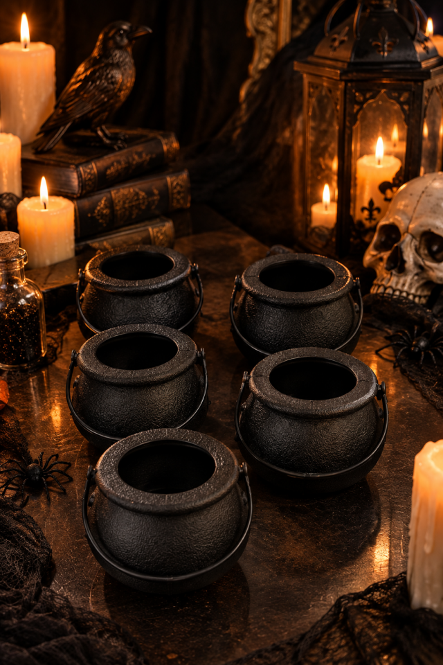 Parti Malzemesi Halloween Siyah Cadı Kazanı 6’lı Şeker Kovası Saplı Parti Dekoru ve Şekerlik
