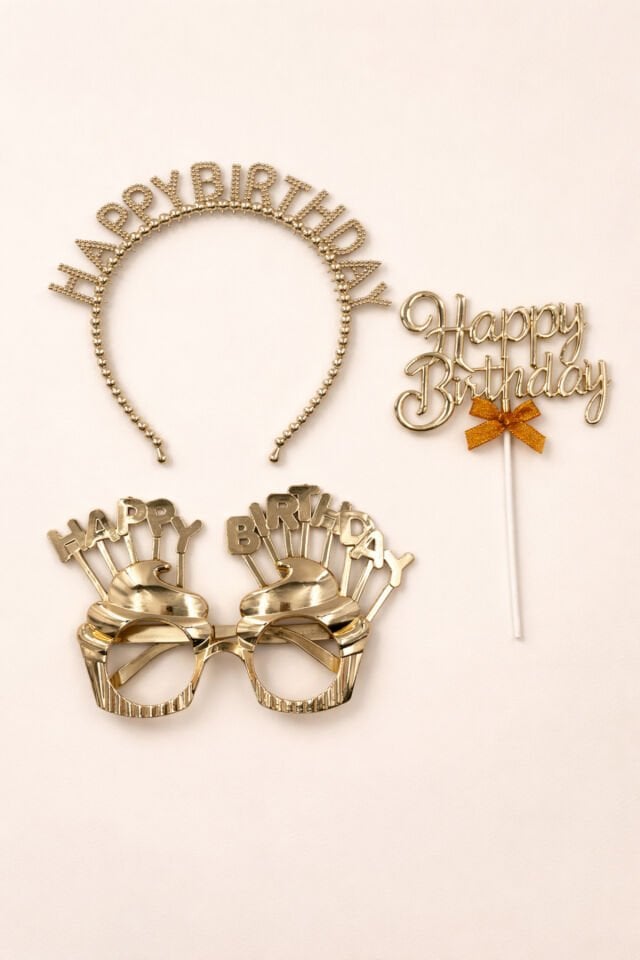 Happy Birthday Gözlük Taç ve Pasta Süsü 3’lü Doğum Günü Parti Seti Metalik