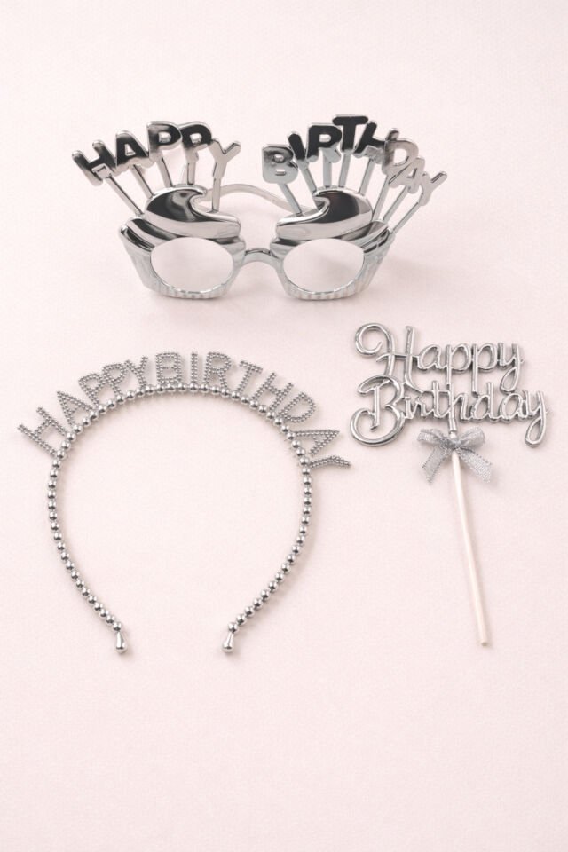 Happy Birthday Gözlük Taç ve Pasta Süsü 3’lü Doğum Günü Parti Seti Gümüş