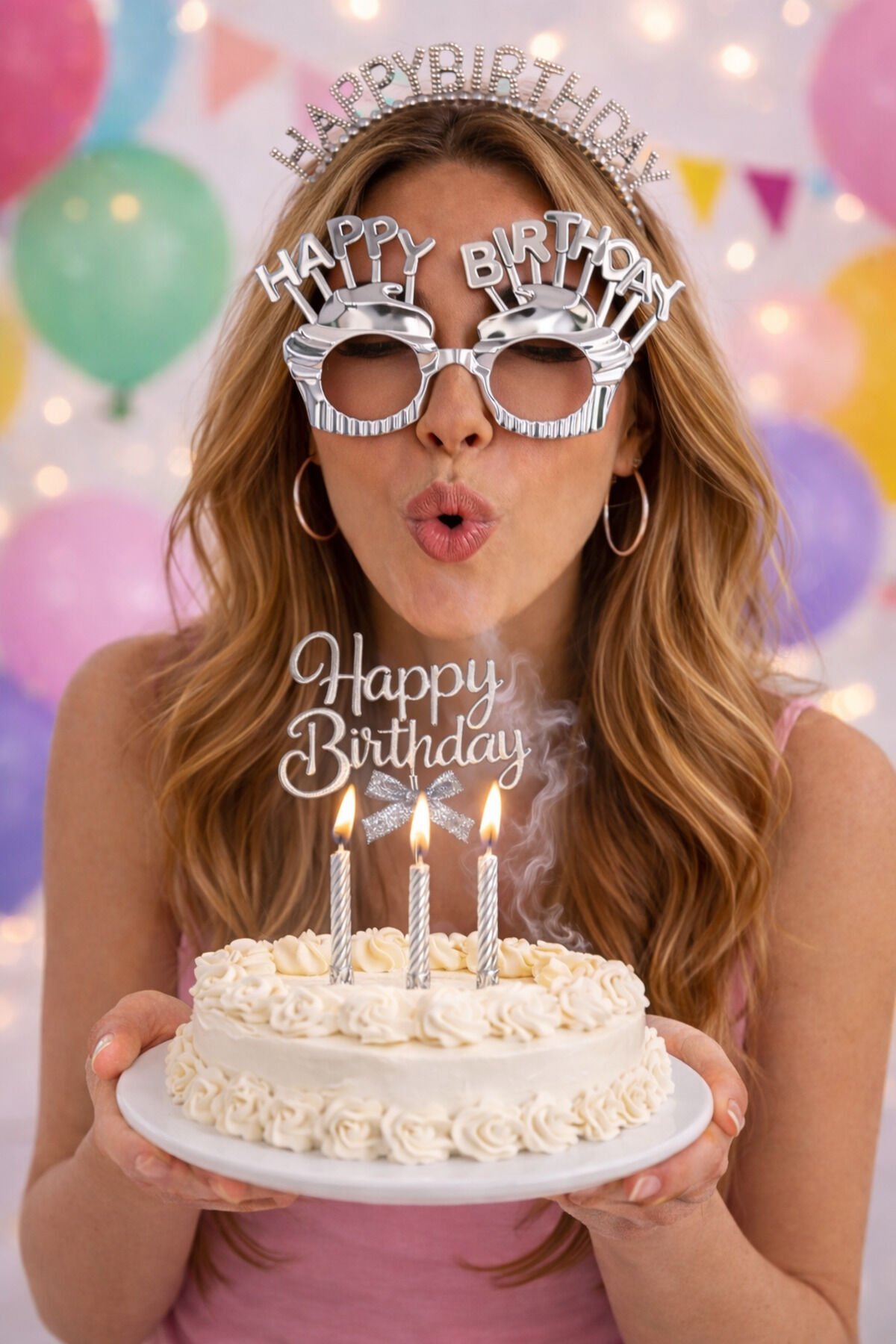 Happy Birthday Gözlük Taç ve Pasta Süsü 3’lü Doğum Günü Parti Seti Gümüş