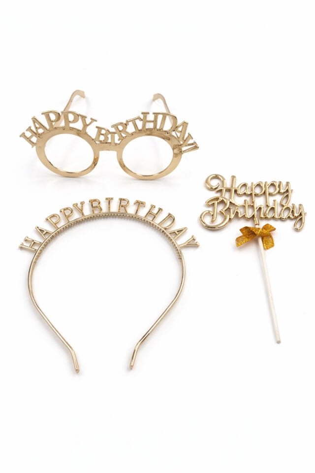 Happy Birthday Doğum Günü Parti Seti Taç Gözlük ve Pasta Üstü Süs 3 Parça Metalik