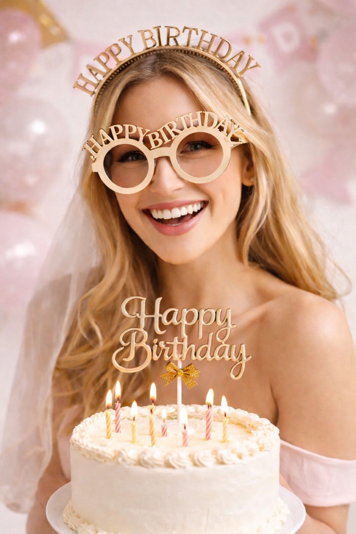 Happy Birthday Doğum Günü Parti Seti Taç Gözlük ve Pasta Üstü Süs 3 Parça Metalik