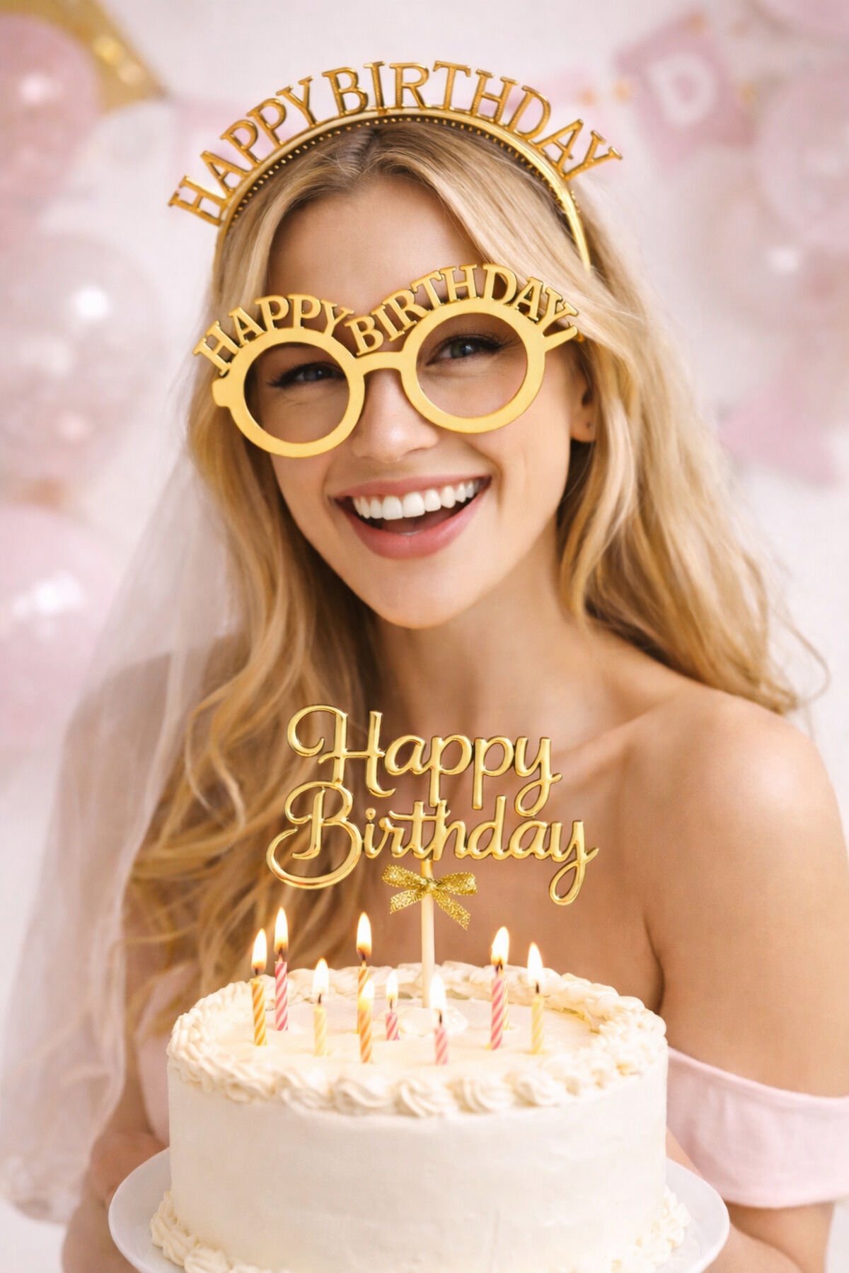 Happy Birthday Doğum Günü Parti Seti Taç Gözlük ve Pasta Üstü Süs 3 Parça Altın