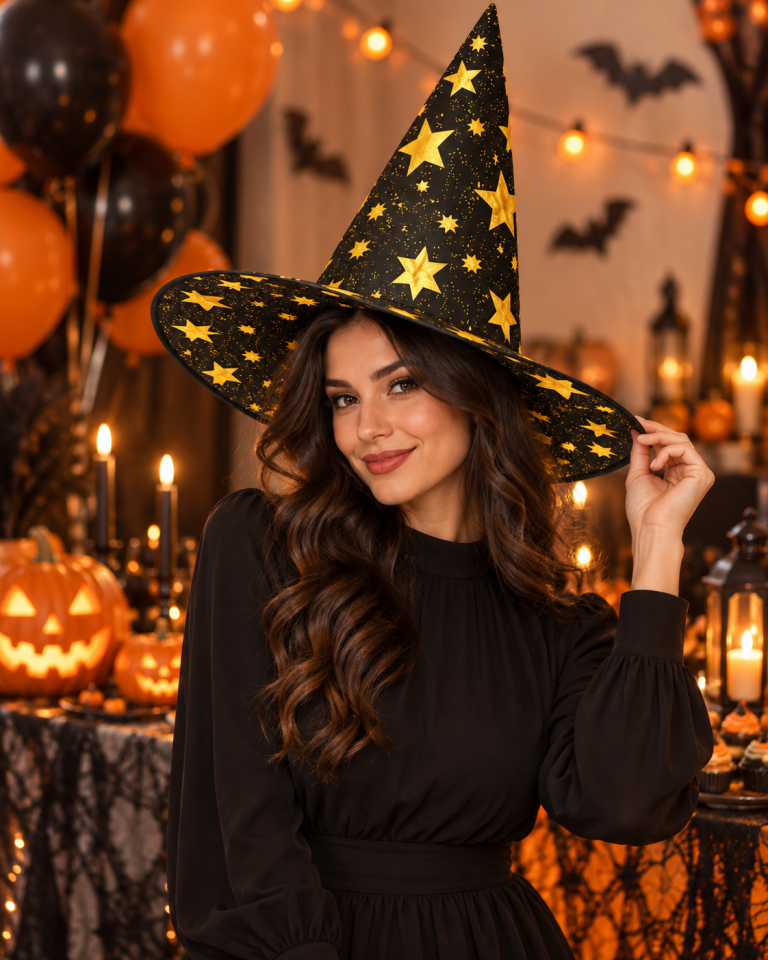 Parti Malzemeleri Altın Yıldız Desenli Siyah Cadı Şapkası Halloween Kostüm Parti Şapkası