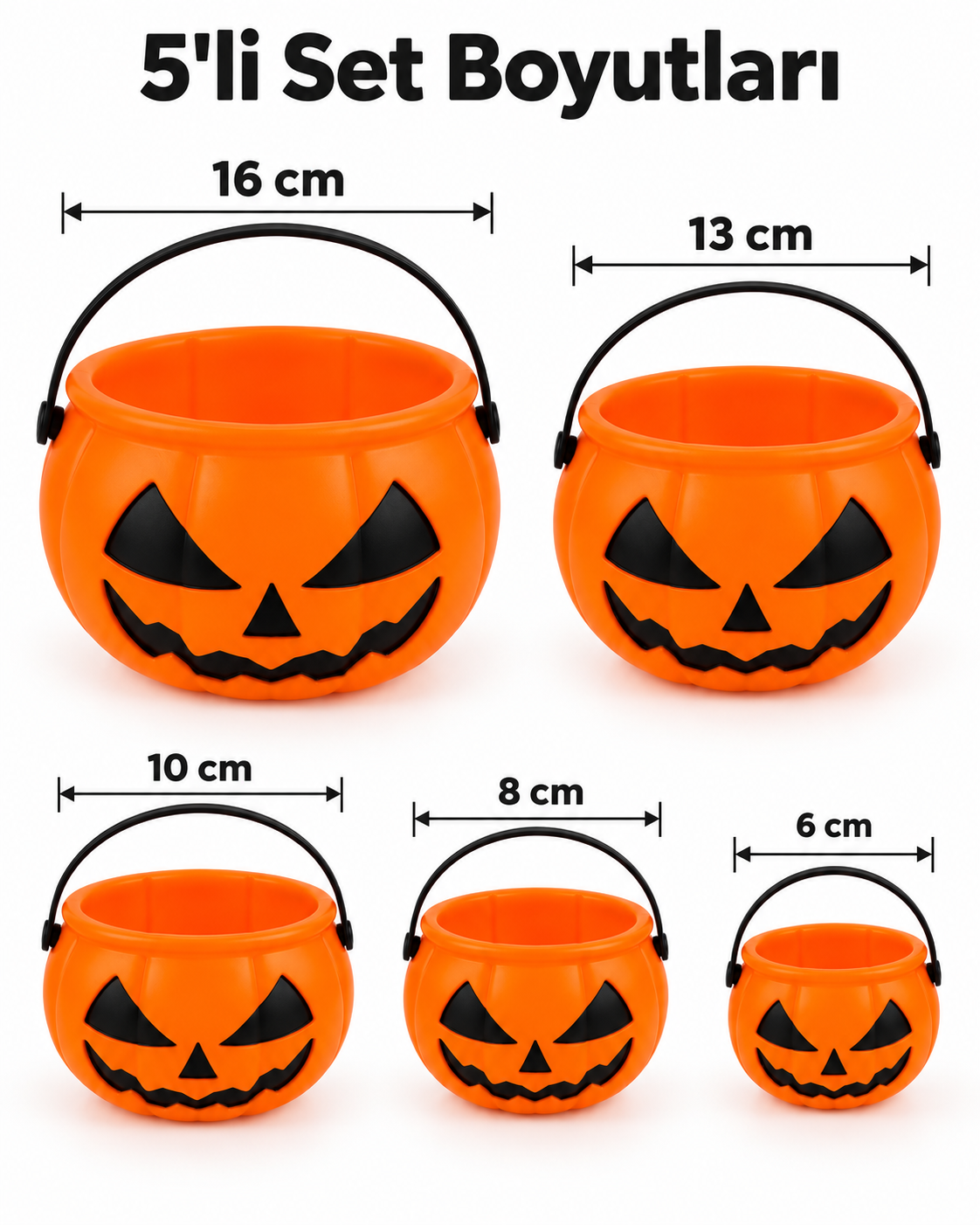 Parti Malzemeleri 5’li Halloween Balkabağı Şeker Kovası Seti Turuncu Saplı Parti Süsleme Kovaları