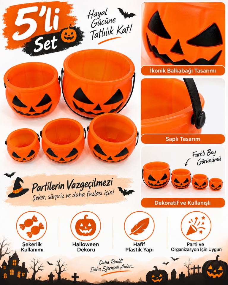 Parti Malzemeleri 5’li Halloween Balkabağı Şeker Kovası Seti Turuncu Saplı Parti Süsleme Kovaları