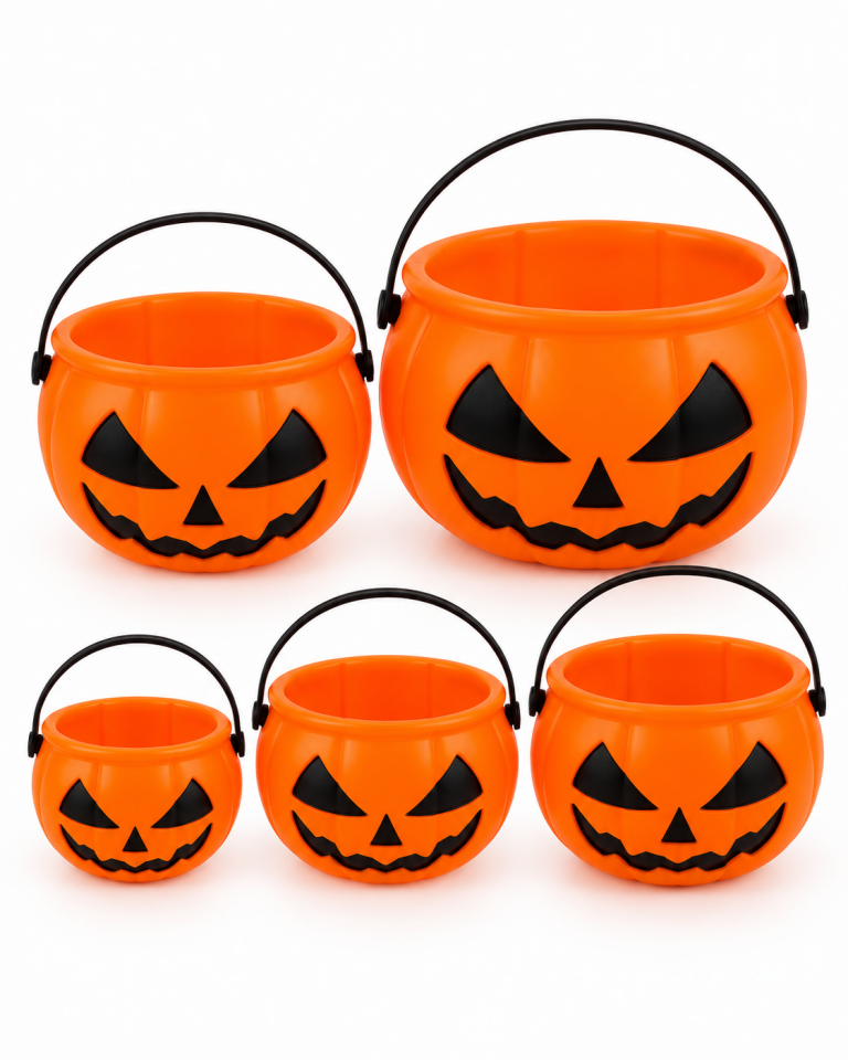 Parti Malzemeleri 5’li Halloween Balkabağı Şeker Kovası Seti Turuncu Saplı Parti Süsleme Kovaları
