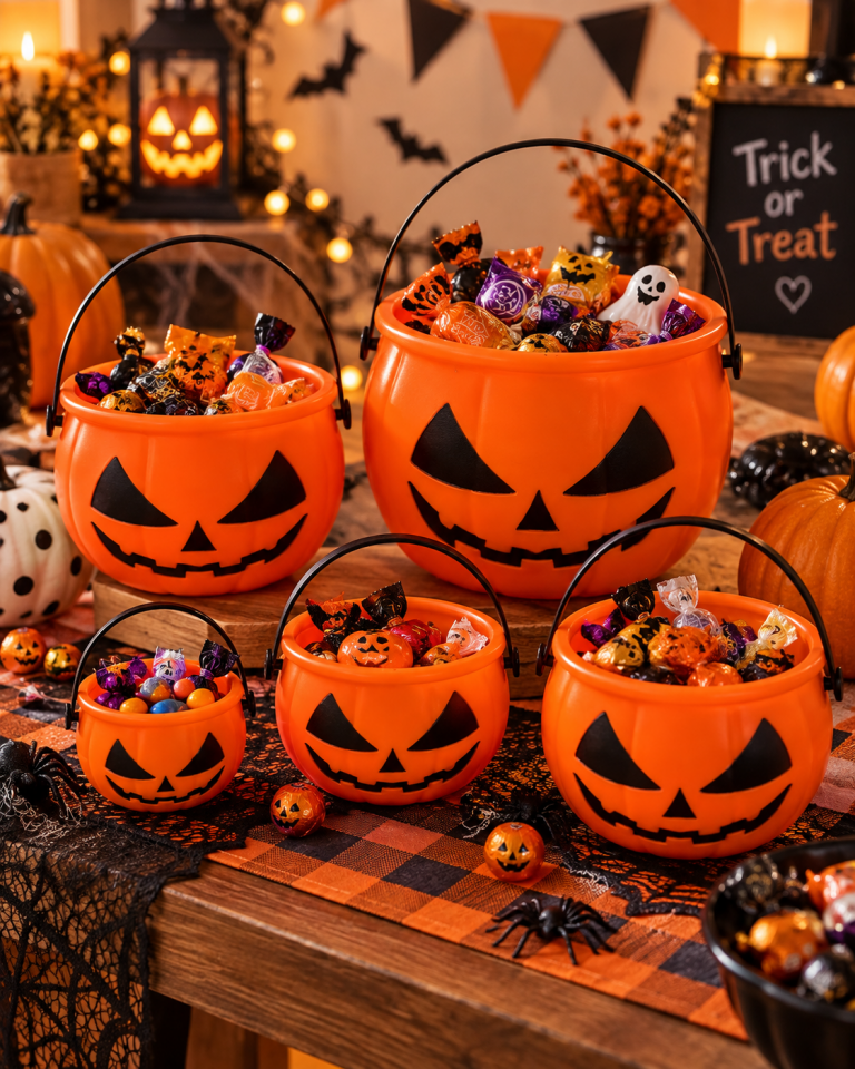 Parti Malzemeleri 5’li Halloween Balkabağı Şeker Kovası Seti Turuncu Saplı Parti Süsleme Kovaları