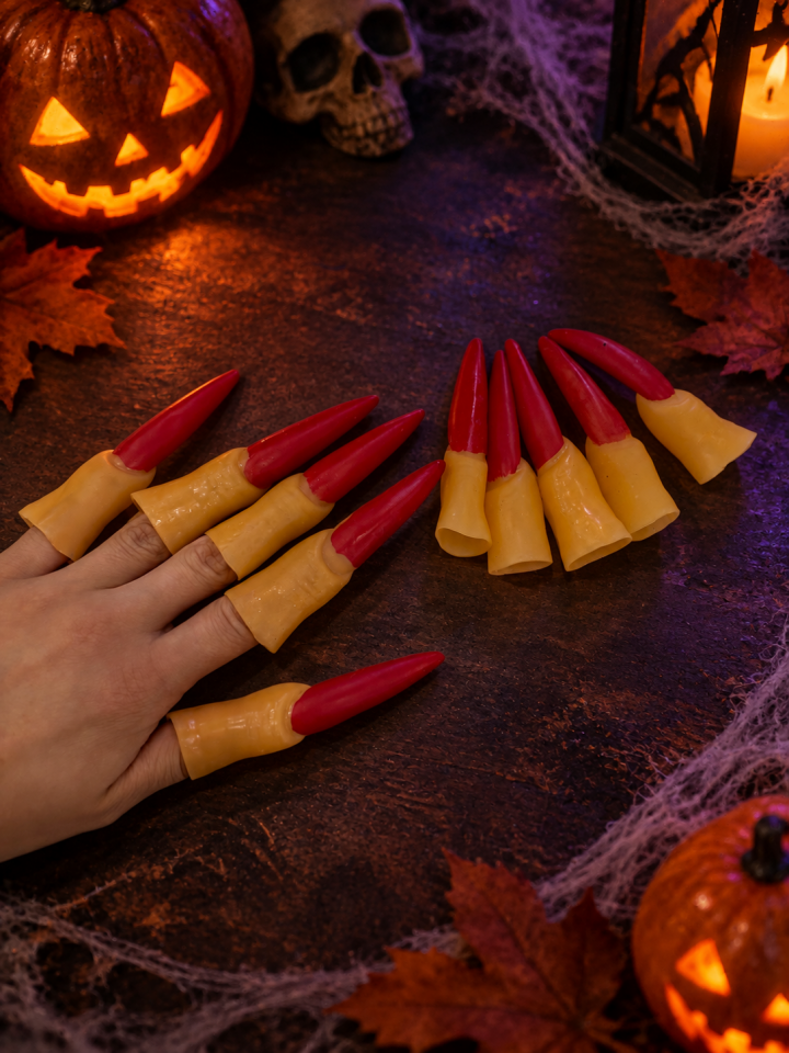 Parti Malzemesi  Halloween Cadı Pençesi Uzun Tırnak Parmak Aksesuarı 10’lu Set Kostüm Tamamlayıcı Kırmızı