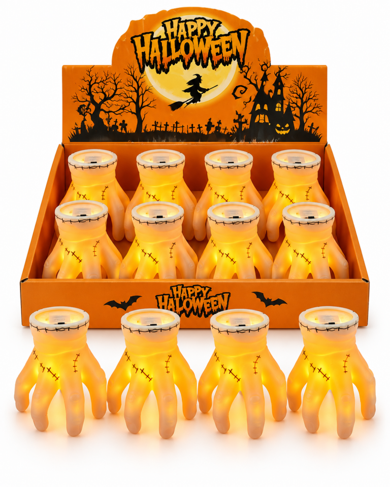 Parti Malzemesi Halloween 12’Lİ Işıklı El Dekoru Dikiş Detaylı Turuncu LED El Süsü  Standlı Set