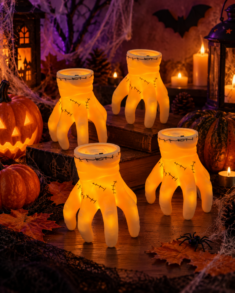 Parti Malzemesi Halloween 12’Lİ Işıklı El Dekoru Dikiş Detaylı Turuncu LED El Süsü  Standlı Set