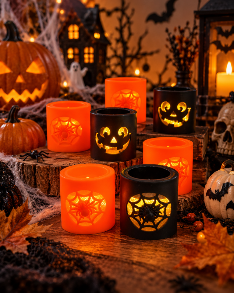 Parti Malzemeleri Halloween LED Mum Dekoru Balkabağı ve Örümcek Ağı Desenli Işıklı Dekoratif Mumluk 12’li Standlı Set