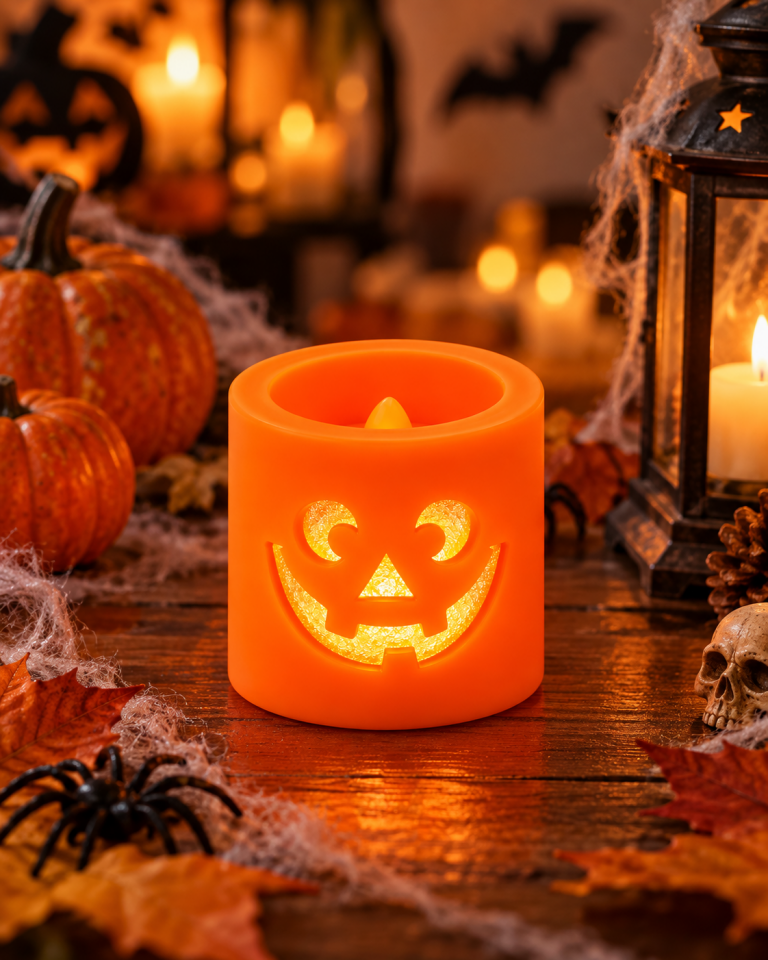 Parti Malzemeleri Halloween LED Mum Dekoru Balkabağı ve Örümcek Ağı Desenli Işıklı Dekoratif Mumluk 12’li Standlı Set