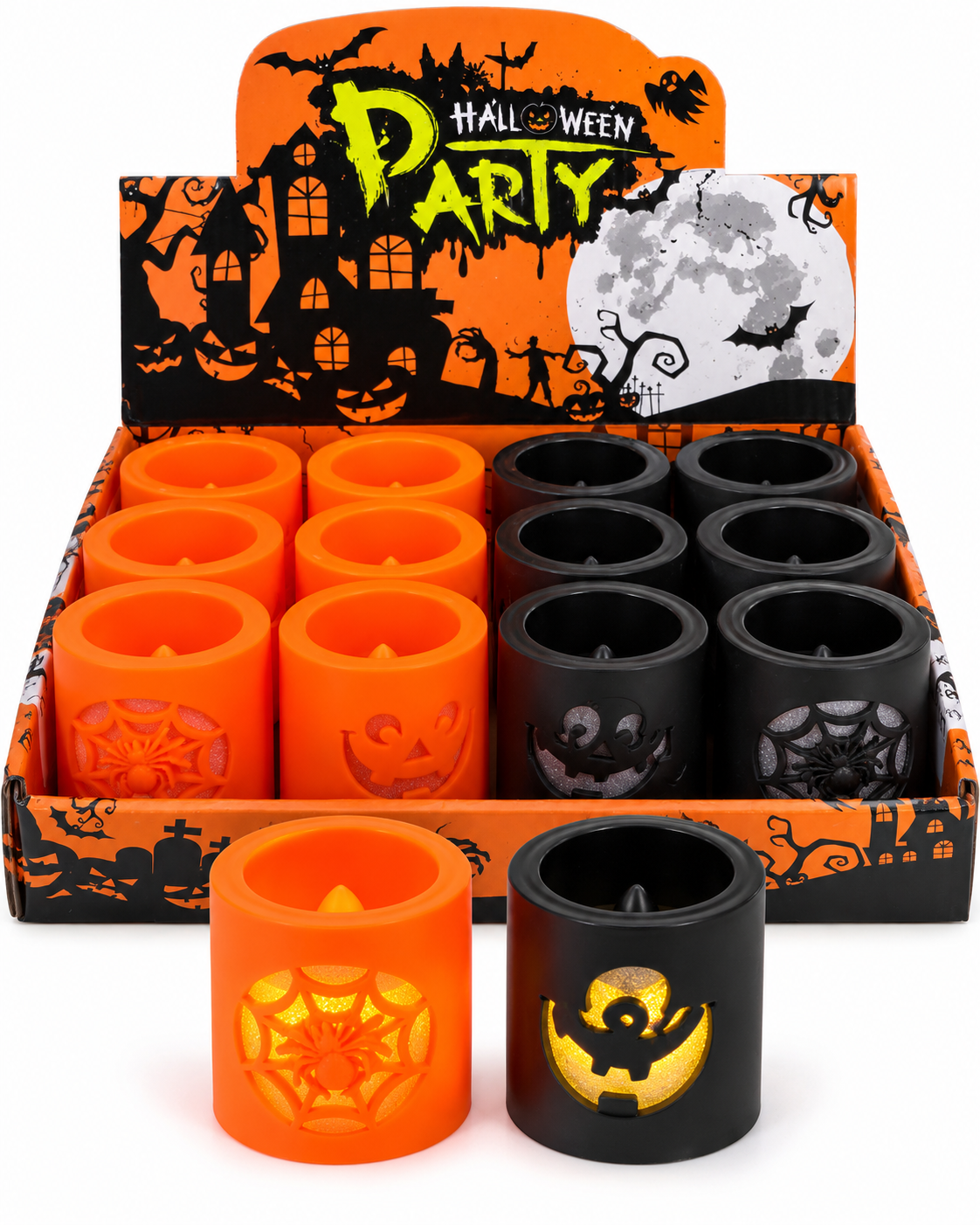 Parti Malzemeleri Halloween LED Mum Dekoru Balkabağı ve Örümcek Ağı Desenli Işıklı Dekoratif Mumluk 12’li Standlı Set