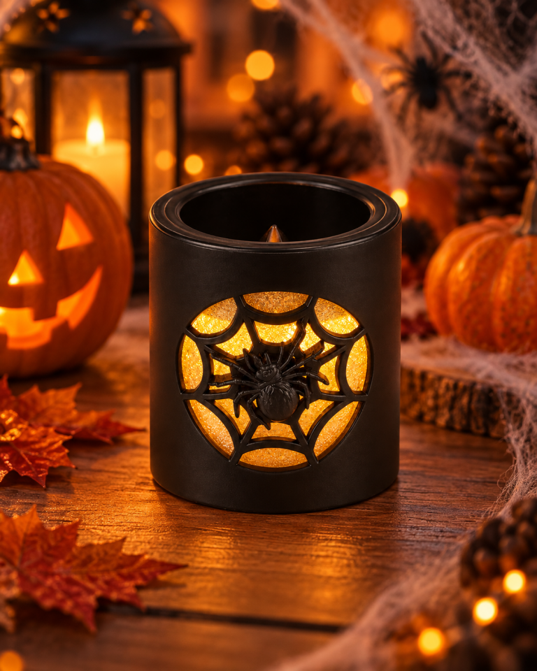 Parti Malzemeleri Halloween LED Mum Dekoru Balkabağı ve Örümcek Ağı Desenli Işıklı Dekoratif Mumluk 12’li Standlı Set