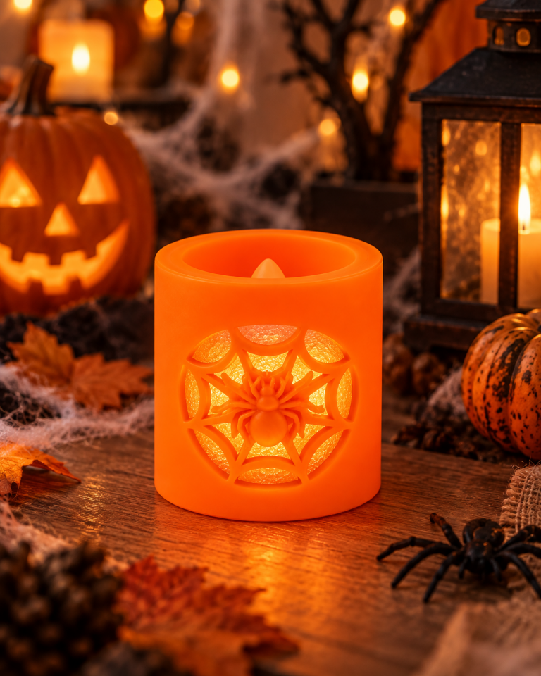 Parti Malzemeleri Halloween LED Mum Dekoru Balkabağı ve Örümcek Ağı Desenli Işıklı Dekoratif Mumluk 12’li Standlı Set