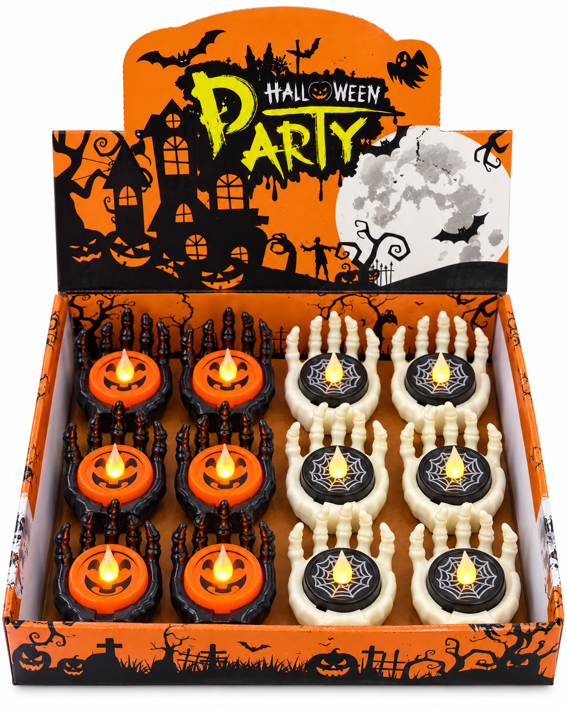 Parti Malzemesi  Halloween 12 ‘Lİ Işıklı İskelet El LED Mum Dekoru Balkabağı ve Örümcek Ağı Desenli 12’li Standlı Set