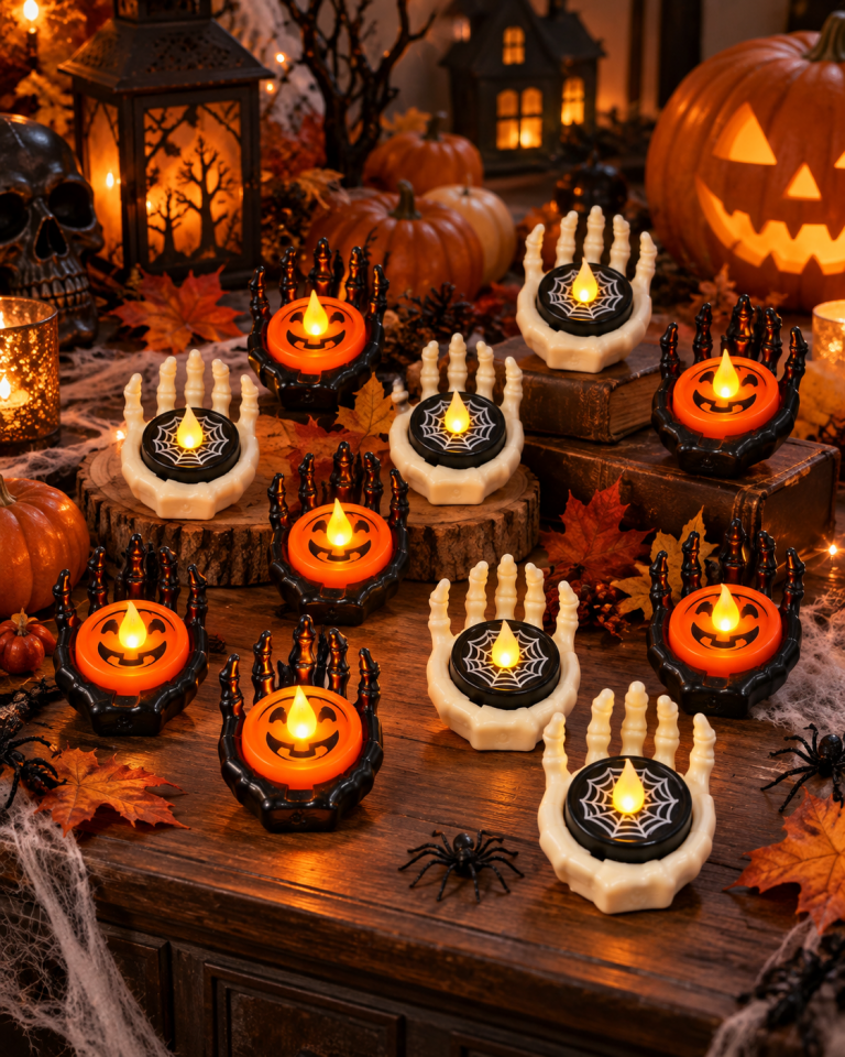 Parti Malzemesi  Halloween 12 ‘Lİ Işıklı İskelet El LED Mum Dekoru Balkabağı ve Örümcek Ağı Desenli 12’li Standlı Set